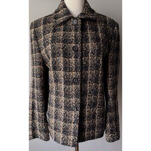 Vintage Harlan Tweed Blazer Jacket Wool Blend Brown Plaid Gold Thread Size 12